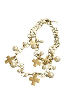 Gold Chain Necklace Cross & Faux Pearl Charms Chunky Statement Jewelry Adjustabl